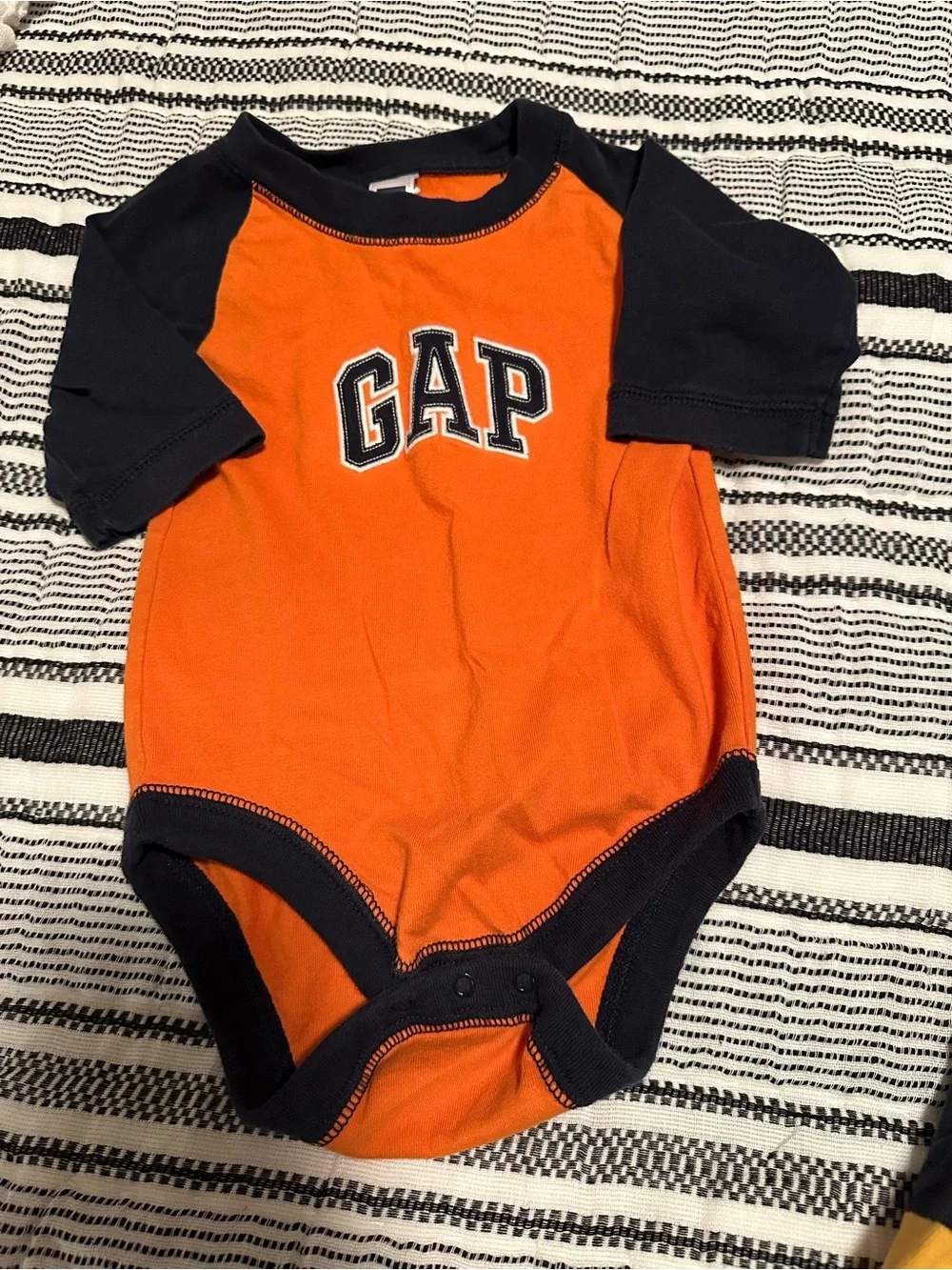 GAP Onesie Bundle (Orange & Navy Logo/Yellow & Navy Hoodie)-Size 6-12M